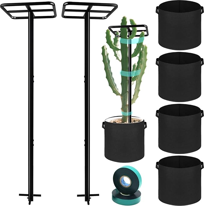 2 Pcs Heavy Duty Dragon Fruit Trellis, Adjustable Plant Climbing Support with 4 Non-Woven Planting Pots, Raspberry Trellis for Garden, Vertical Farming Tower for Dragon Fruit, Avocados, Vining Plants
