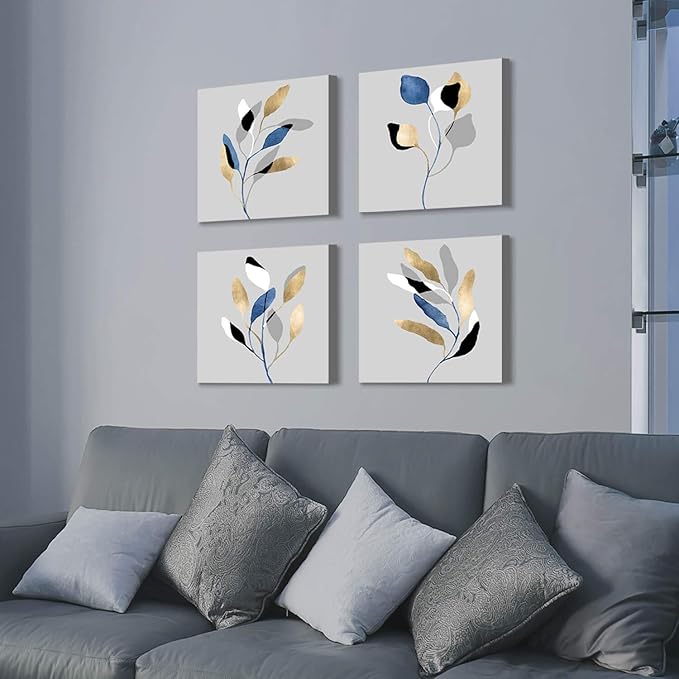 ARTISTIC PATH Leaf Artwork Nature Picture Painting: Branch with Golden Leaves, 4 Pieces Wall Decor Set (16" W x 16" H x 4 PCS,Multi-Sized)