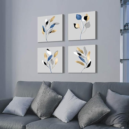 ARTISTIC PATH Leaf Artwork Nature Picture Painting: Branch with Golden Leaves, 4 Pieces Wall Decor Set (16" W x 16" H x 4 PCS,Multi-Sized)
