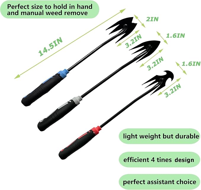3 pcs Weed Puller Tool Garden Weed Pulling Tool, 2025 New Garden Weed Puller Tools Hand Weeder Tool with Rubber Handle, 4 Teethes Dual Purpose Manual Weeders Tool Weed Pulling Tool for Garden