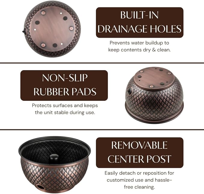 Monarch Abode Garden Hose Holder with Lid – Decorative Water Hose Holders for Outside, Diamond Embossed Metal Antique Copper Pot with Drainage, 100ft Waterhose Holder for Outside, Garden Storage Caddy