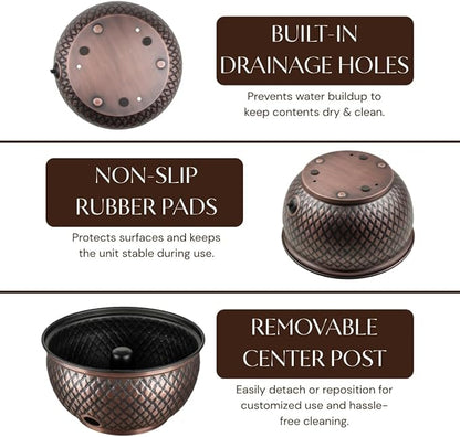 Monarch Abode Garden Hose Holder with Lid – Decorative Water Hose Holders for Outside, Diamond Embossed Metal Antique Copper Pot with Drainage, 100ft Waterhose Holder for Outside, Garden Storage Caddy
