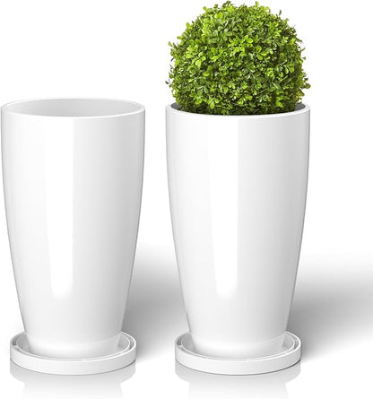 ZMTECH 21 Inch Tall Planters for Outdoor Plants Set of 2 Large Outdoor Planters for Outside Round Plant Pots Plastic Flower Pots with Drainage Holes for Front Porch Patio Garden, White