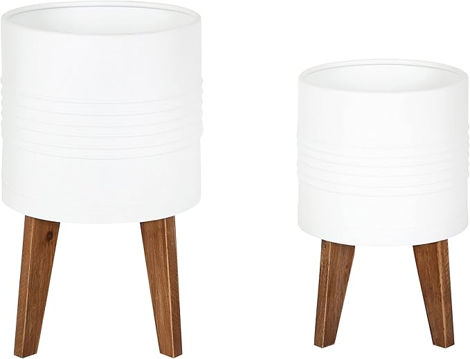 Kate and Laurel Gavri Rustic Farmhouse Metal and Wood Tabletop Planter Set; 2 Piece; White; Decorative Metal Planter Centerpiece for Table