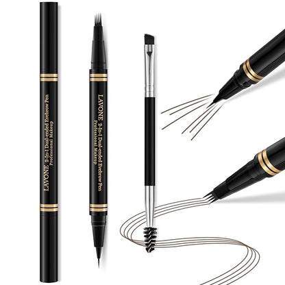 Makeup Kit with 4 Tip Waterproof Microblading Eyebrow Pencil, Eyeliner, Pomade and Dual-ended Eyebrow Brush - Dark Brunette