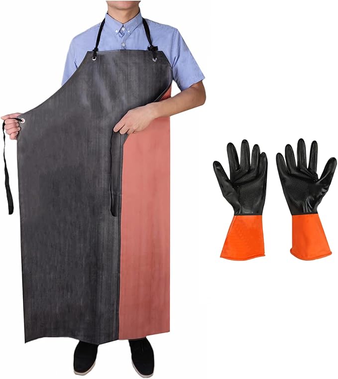 TonLing Rubber Apron Waterproof with Thick Rubber Gloves for Men and Women, Heavy Duty Chemical Aprons with Adjustable Neck Pad for Dishwashing, Dog Grooming, Cleaning, Lab Work, Butcher, Dishwasher