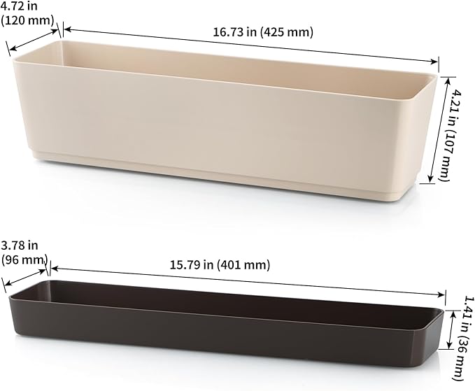 Skelang 2 Pcs Rectangular Plant Pot, 16.7" Flower Planter Box with Drainage Hole, Windowsill Container with Tray for Succulents, Herbs, Cacti