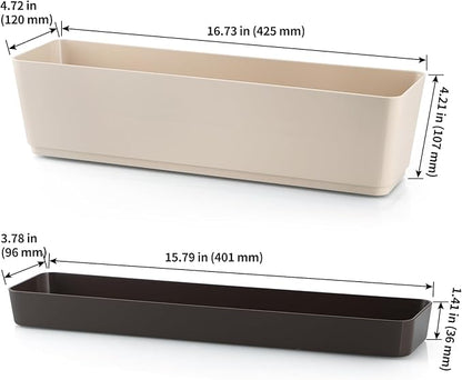 Skelang 2 Pcs Rectangular Plant Pot, 16.7" Flower Planter Box with Drainage Hole, Windowsill Container with Tray for Succulents, Herbs, Cacti