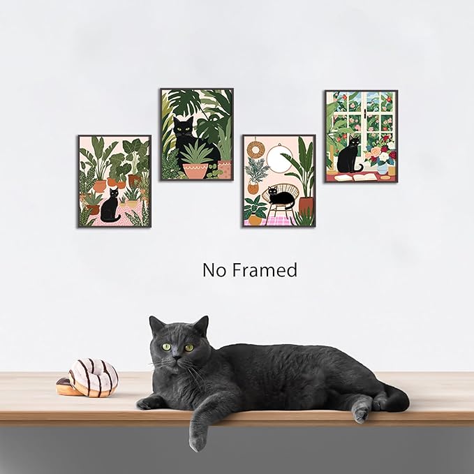 NIIORE Black Cat Botanical Wall Art, Modern Green Plant Decor, Tropical Boho Style Canvas Prints for Bedroom Bathroom Home Decor, Set of 4, 8x10 inches Unframed