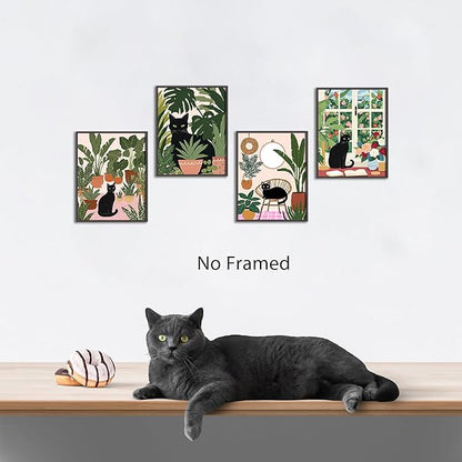 NIIORE Black Cat Botanical Wall Art, Modern Green Plant Decor, Tropical Boho Style Canvas Prints for Bedroom Bathroom Home Decor, Set of 4, 8x10 inches Unframed