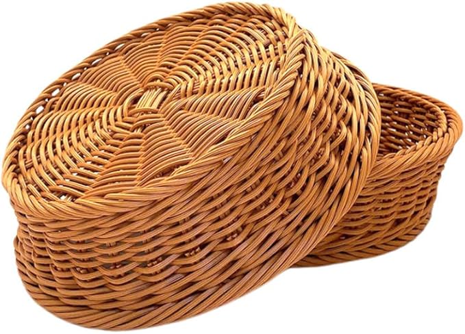 RT&BS 2pcs Round Wicker Bread Basket, Christmas Food Baskets, Eco-Friendly Sturdy Stackable Fruit Basket for Kitchen, Store, Restaurant, Party (Brown, S)