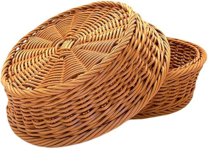 RT&BS 2pcs Round Wicker Bread Basket, Christmas Food Baskets, Eco-Friendly Sturdy Stackable Fruit Basket for Kitchen, Store, Restaurant, Party (Brown, S)