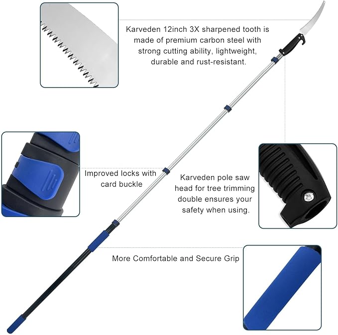 26FT Reach Pole Saws for Tree Trimming with 5-20FT Telescoping Extension Pole, Anti-slip Handle, Manual Pruning Pole Saw with 19" 3X Detachable Saw for Forestry, Yard, Garden, Patios