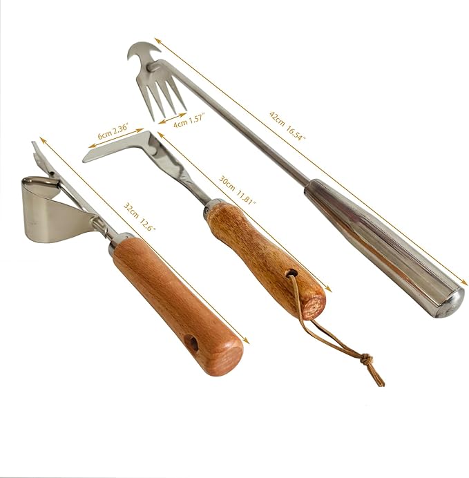 3 Pack Weed Remover Tool for Garden Patio, Manual Hand Weeder Tool, Crack Weeder Crevice Weeding Tool, 4 Teeth Weed Puller, Manual Tool for Lawn and Garden (Wood Color)