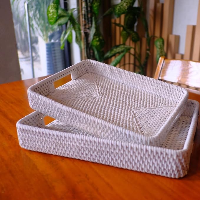 Rectangle Rattan- Handmade Serving Tray-Decorative Woven Ottoman-Trays with Handles for Coffee Table Natural Basket Wave Tray, L-11.7inch & H-2.3inch (White)