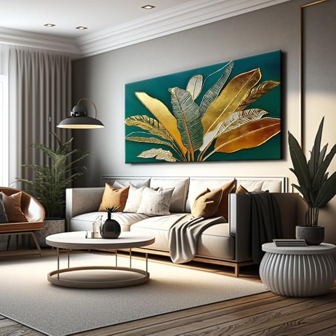 IDAFU Green Leaf Wall Art, Green and Gold Leaves Wall Painting, Emerald Green Tropical Botanical Décor Canvas Prints, Abstract Sage Boho Painting for Office Home Décor, Ready to Hang 32L x 16W
