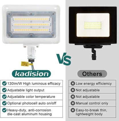 kadision LED Flood Light 50W/40W/30W, 3CCT 3000K/4000K/5000K Selectable, Dusk-to-Dawn Photocell, IP65 Waterproof Adjustable Knuckle Mount Security Lights, 100-277V ETL Listed, White