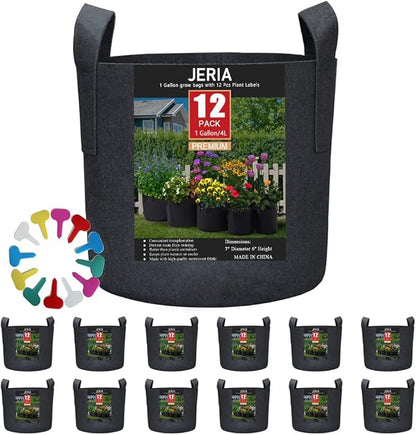 JERIA 12-Pack 1 Gallon, Vegetable/Flower/Plant Grow Bags, Aeration Fabric Pots with Handles (Black), Come with 12 Pcs Plant Labels
