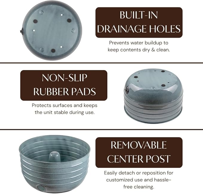 Monarch Abode Garden Hose Holder with Lid – Decorative Water Hose Holders for Outside, Border Embossed Metal Patina Pot with Drainage, 100ft Waterhose Holder for Outside, Garden Storage Caddy