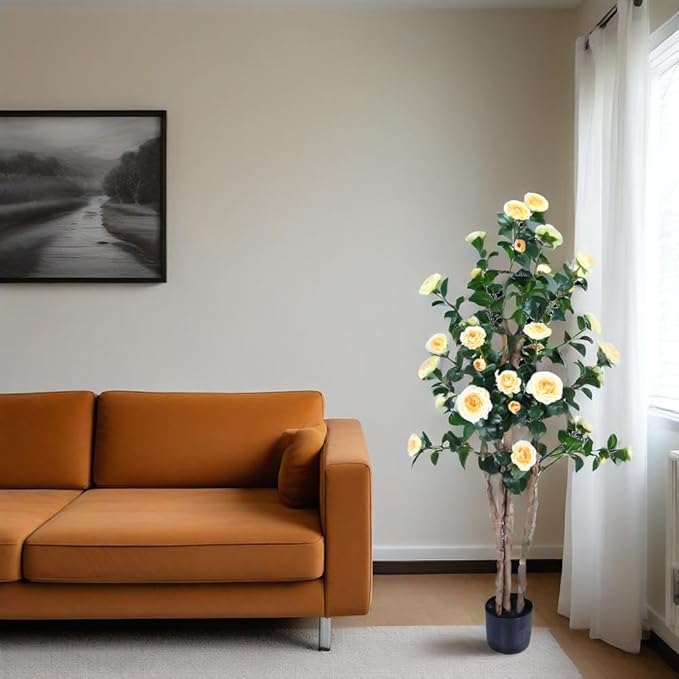 5ft Decorative Artificial Camellia Tree with Yellow Flowers, Potted Faux Floral Plant, Realistic Blooming Fake Plants for Indoor Outdoor Home Front Door Planter Decor