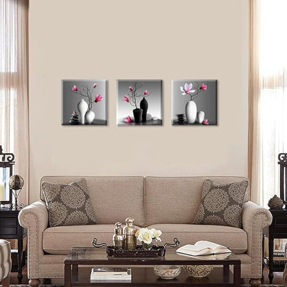 TEKMENT Flower Wall Art for Bathroom Hallway, SZ Elegant Orchid Still Life Canvas Painting Prints, Magnolia in Black and White Vases Picture (Ready to Hang, Waterproof Décor, 20x20 x3p Large)