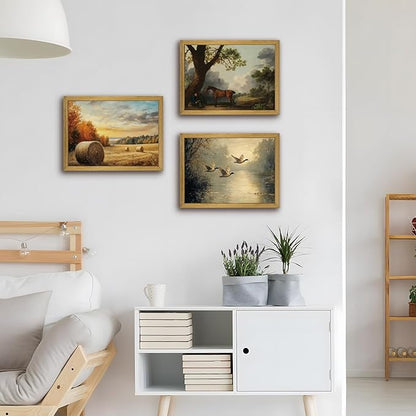 Wood Framed Canvas Landscape Wall Art, Countryside Art Wildlife Nature Pond Wall Decor, Vintage Mallard Duck Oil Paintings Print for Living Room, Bedroom, Office, Rustic Decor 16x24 inch