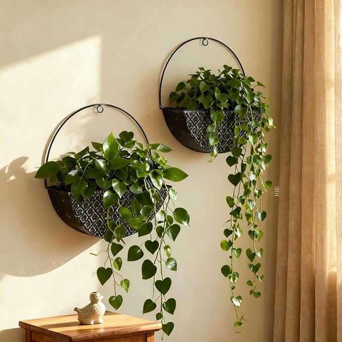 2-Piece Black Metal Planter Wall Hanging Baskets Decor Half-Moon Wall Mount Planter Set for Shabby Chic Farmhouse Outdoor Indoor Wall Decor