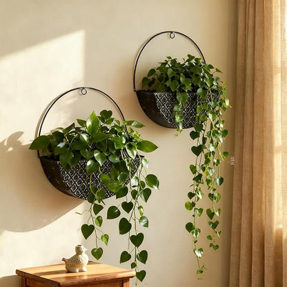 2-Piece Black Metal Planter Wall Hanging Baskets Decor Half-Moon Wall Mount Planter Set for Shabby Chic Farmhouse Outdoor Indoor Wall Decor