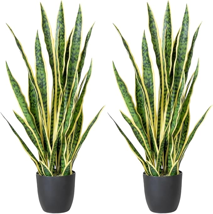 Artificial Snake Plant, 27" Fake Sansevieria with Basket, Faux Plant for Indoor Home Office Desktop Decoration, Perfect Faux Mother in Law Plants 2PCS
