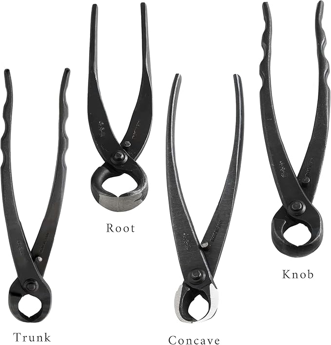 Wazakura Made in Japan Complete 6PCS Bonsai Cutter Tools Set with Case: Concave Branch Cutter, Knob Cutter, Jin Plier, Wire Cutter, Trunk Splitter, Root Cutter in Carbon Steel. Bonsai Tool Kit