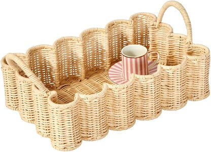 BEBE BASK Premium Wavy Scalloped Rattan Tray - Small Hand-Woven Scallop Wicker Tray - 19 x 9 x 6.5 in - Scalloped Basket - Scallop Basket