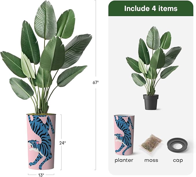 Artificial Tree in Contemporary Tiger Pattern Planter, Fake Bird of Paradise Silk Trees for Indoor and Outdoor Home Decoration - 67" Overall Tall (Plant Pot Plus Tree)