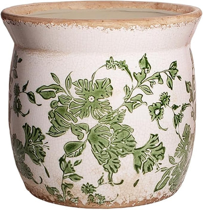 Rustic Ceramic Pots for Plants, 6.21in. Vintage Crackle Glazed Planters for Indoor & Outdoor Plants with Drainage Hole, Unique Planting Pots for Gardening, Tuscan Decor Plant Pots Indoor, Green Leaf