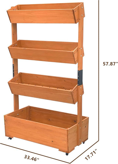 Wooden Elevated Garden Bed, Vertical 4-Storey Wooden Flowerpot Box with Wheels, Adjustable Flowerpot Box, Suitable for Outdoor and Indoor Balconies, Vanilla Garden Gardening Vegetables