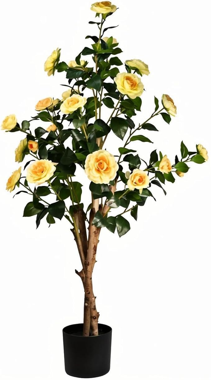 4ft Decorative Artificial Camellia Tree with Yellow Flowers, Potted Faux Floral Plant, Realistic Blooming Fake Plants for Indoor Outdoor Home Front Door Planter Decor