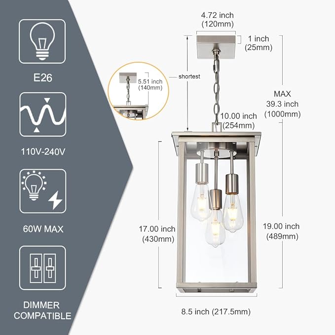 TODOLUZ 3-Lights Outdoor Pendant Light, Modern Brushed Nickel Outdoor Chandelier with Clear Glass, Adjustable Ceiling Mount Porch Light for Entryway Patio