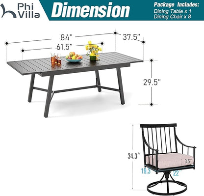 PHI VILLA 9 Pieces Outdoor Dining Set for 8, 84" Long Expandable Metal Table & Swivel Wrought Iron Chairs with Cushions, Large Furniture Set for Patio, Deck, Yard, Porch - Black