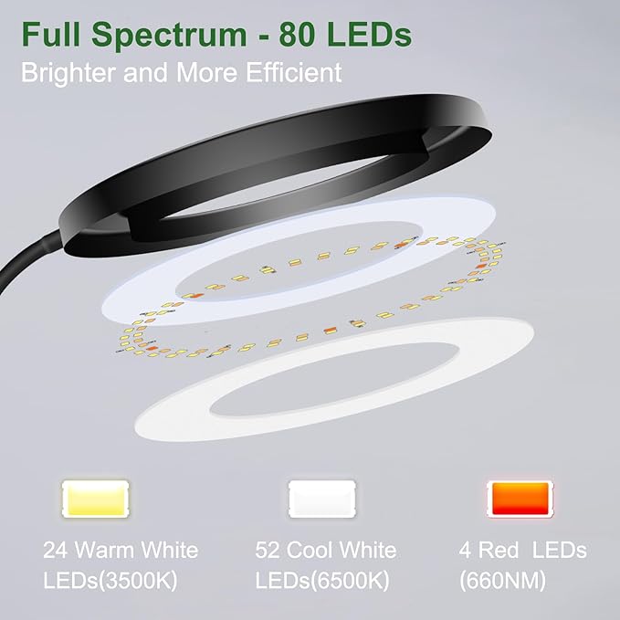 wolezek Grow Lights for Indoor Plants Full Spectrum, 80 LEDs 3 Colors Grow Light, 65in Plant Lights for Indoor Growing with 360°Gooseneck, 6/12/16H Timer, 5 Brightness, Height Adjustable, Black Pair