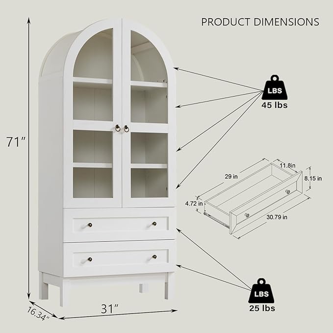71" Tall Arched Bookshelf, 4-Tier Bookcase with Glass Doors and Shelves, Wooden Display Cabinet w/2 Large Storage Drawers, Modern Farmhouse Versatile Bookshelf for Living Room, Bedroom, White