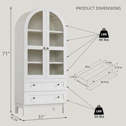 71" Tall Arched Bookshelf, 4-Tier Bookcase with Glass Doors and Shelves, Wooden Display Cabinet w/2 Large Storage Drawers, Modern Farmhouse Versatile Bookshelf for Living Room, Bedroom, White