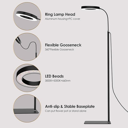 GLOWRIUM Grow Lights for Indoor Plants, Full Spectrum LED Grow Light Floor Lamp with Stand Adjustable Height and Angle, Black Plant Light with 3/9/12H Grow Light Timer (Black, 20W)