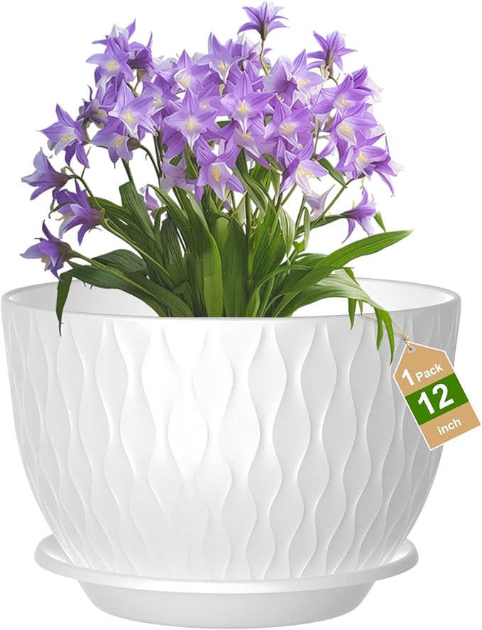 12 inch Large Plant Pots, Flower Pots with Multi-Mesh Drainage Holes and Saucer, Plastic Planters for Indoor and Outdoor Garden Plants (White, 12")