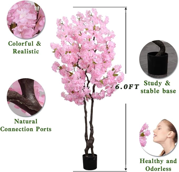 Faux Cherry Blossoms Tree Pink 6FT Artificial Cherry Blossom Tree Beautiful Flowering Trees for Home Christmas New Year Decor