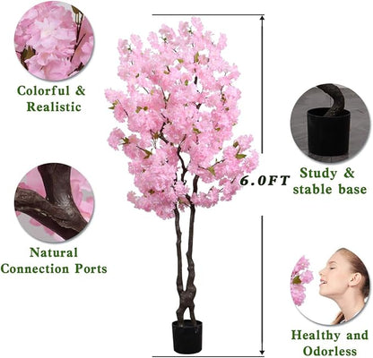 Faux Cherry Blossoms Tree Pink 6FT Artificial Cherry Blossom Tree Beautiful Flowering Trees for Home Christmas New Year Decor