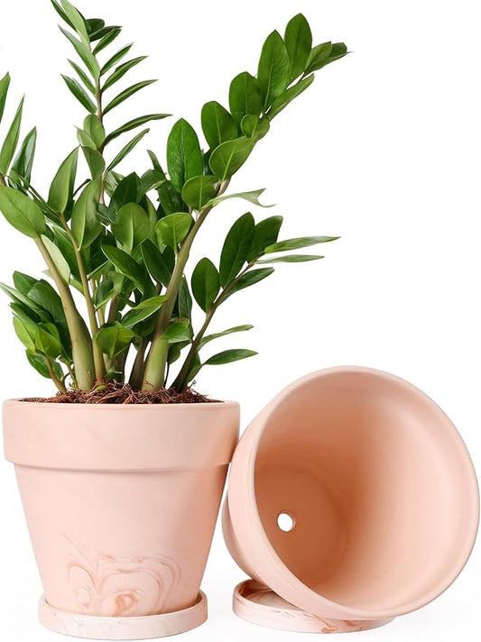 INGOFIN Terracotta Plant Pots 8 Inch Set of 2, Red White Clay Flower Pots with Drainage Holes & Tray Saucers, Breathable Garden Planters for Indoor Outdoor, Succulent, Cactus, Herbs