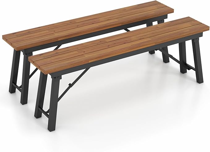 Tangkula Outdoor Folding Bench Set of 2, 55” 2-3 Person Acacia Wood Backless Patio Dining Bench, No Assembly Weatherproof Picnic Bench, Collapsible Benches for Porch, Yard, Poolside, Balcony