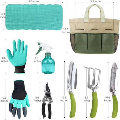 Garden Tools Set with 3 Aluminum Gardening Tools, 1 Pruning Shear, 1 Mister Spray Bottle, 1 Foam Kneeler，1 Garden Gloves with Claws and 1 Gardener Bag, Gifts for Mom Dad