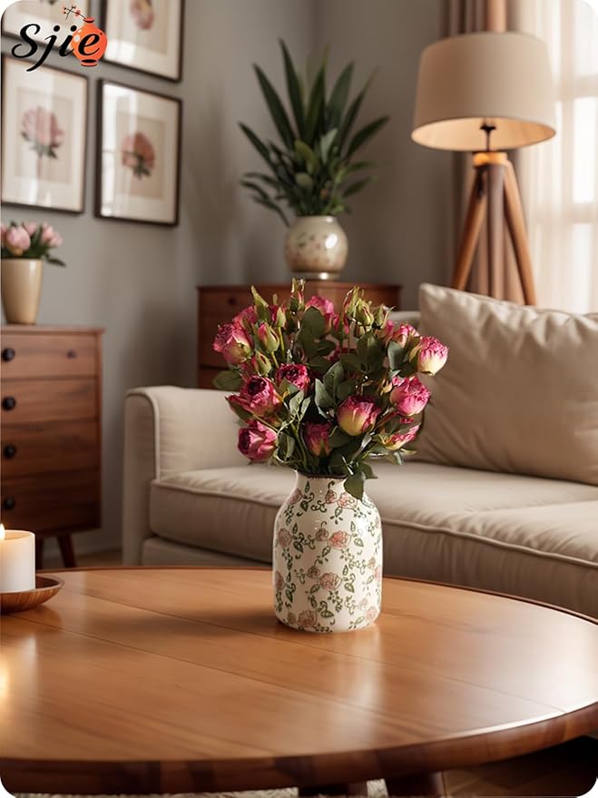Vintage Ceramic Vase - 7.8 Inch Hand-Painted Roses with Ice Crackle Glaze Finish, American Farmhouse Style Pitcher Vase for Home Decor, Centerpiece, Shelf, Table, Office, Rustic Wedding Gift