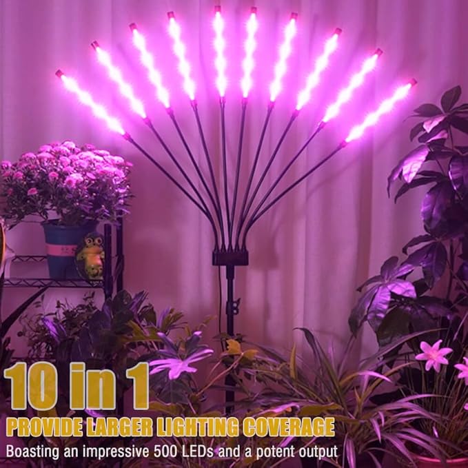 Grow Lights for Indoor Plants [ 10 in1 ], Full Spectrum Grow Light with Tripod Stand, Auto On/Off Timing 4/8/12H, Plant Lights for Indoor Growing. (Mix Spectrum 10 Arms)