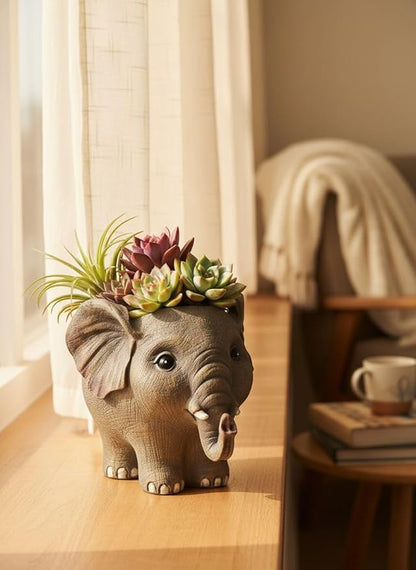 Elephant Planter Pot for Succulents, 6.7inch Resin Flower Pot with Drain Hole, Cute Animal Decor, Unique Gift for Christmas, Birthday, Mom, Housewarming (Brown)